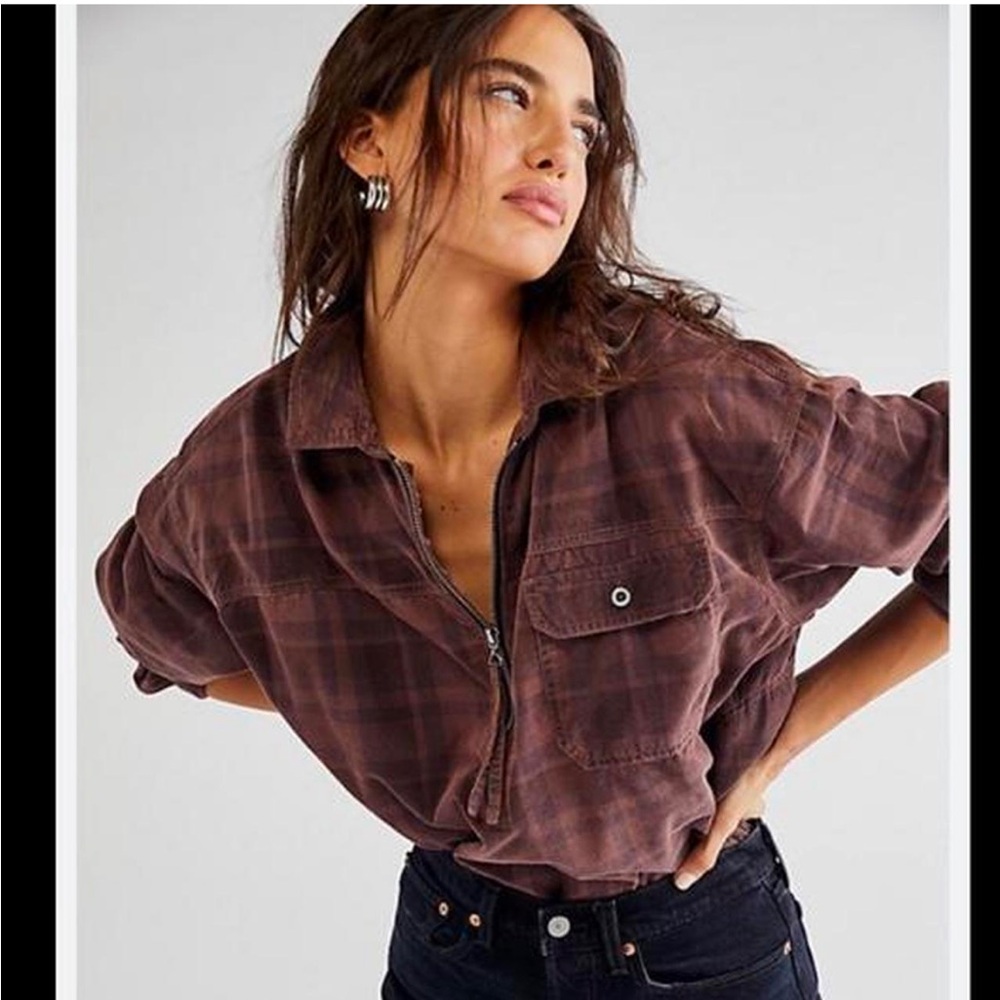 Free People Plaid Button Down Shirt in Brown
